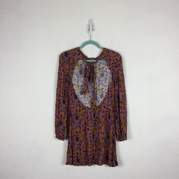 For Love And Lemons Mini Dress Small Pink Floral Open Back Long Sleeve Boho - Picture 11 of 12